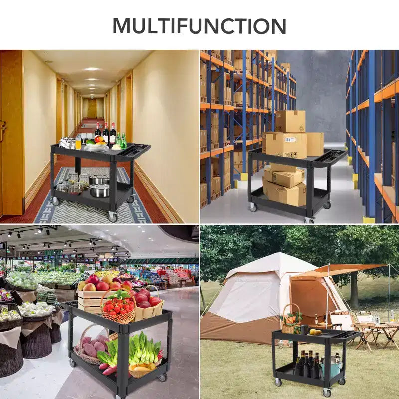 Cart, Multi-purpose Service Cart, 2-Tier Plastic Rolling Utility Cart with 360 Swivel Wheels, 500-pound Heavy Duty for Kitchen, Warehouse, Garage