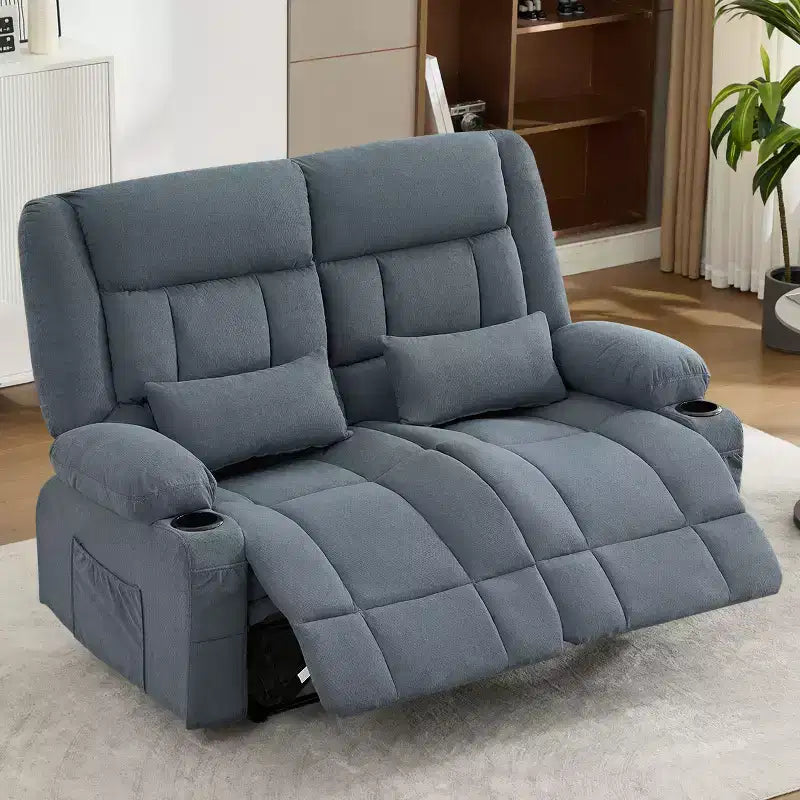 AndMakers 61.81 in. Wide Pillow Top Arm Fabric Rectangle Reclining Sofa with Cupholders