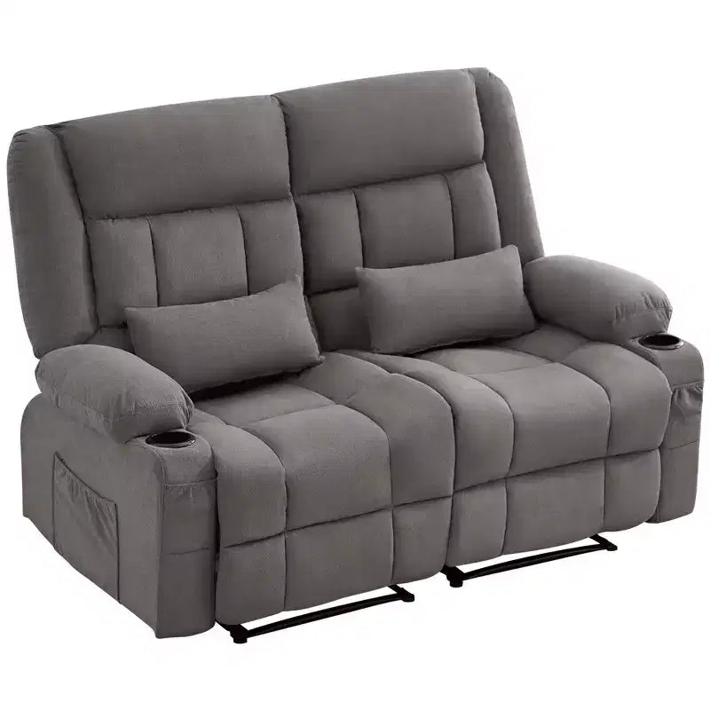 AndMakers 61.81 in. Wide Pillow Top Arm Fabric Rectangle Reclining Sofa with Cupholders