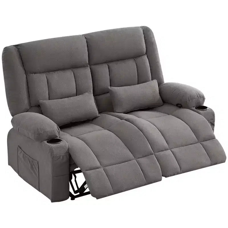 AndMakers 61.81 in. Wide Pillow Top Arm Fabric Rectangle Reclining Sofa with Cupholders