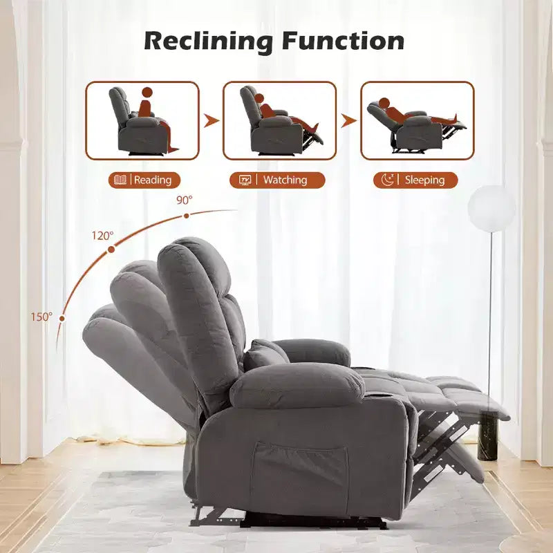 AndMakers 61.81 in. Wide Pillow Top Arm Fabric Rectangle Reclining Sofa with Cupholders