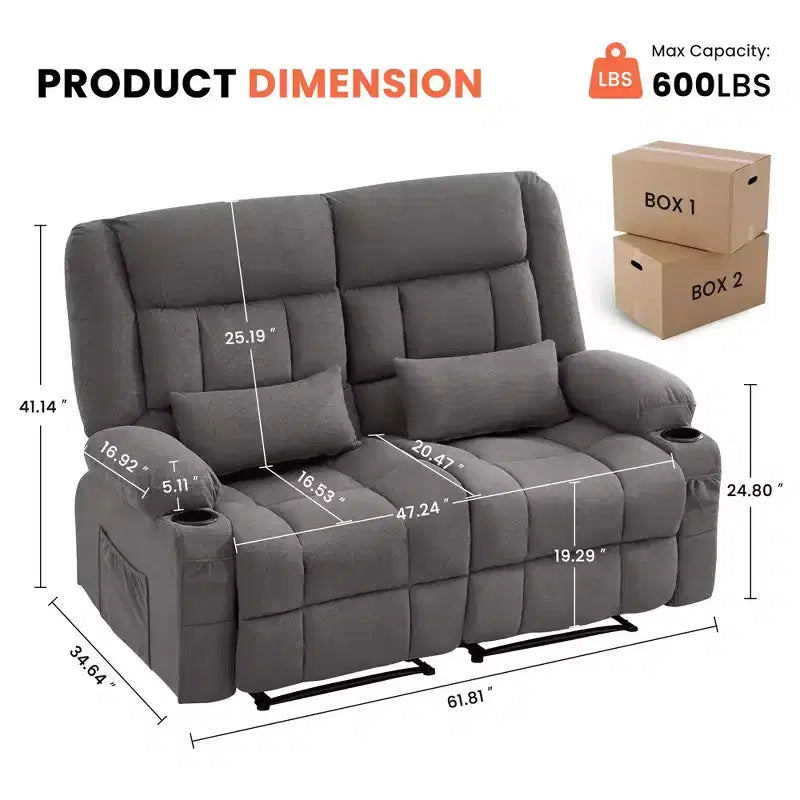 AndMakers 61.81 in. Wide Pillow Top Arm Fabric Rectangle Reclining Sofa with Cupholders