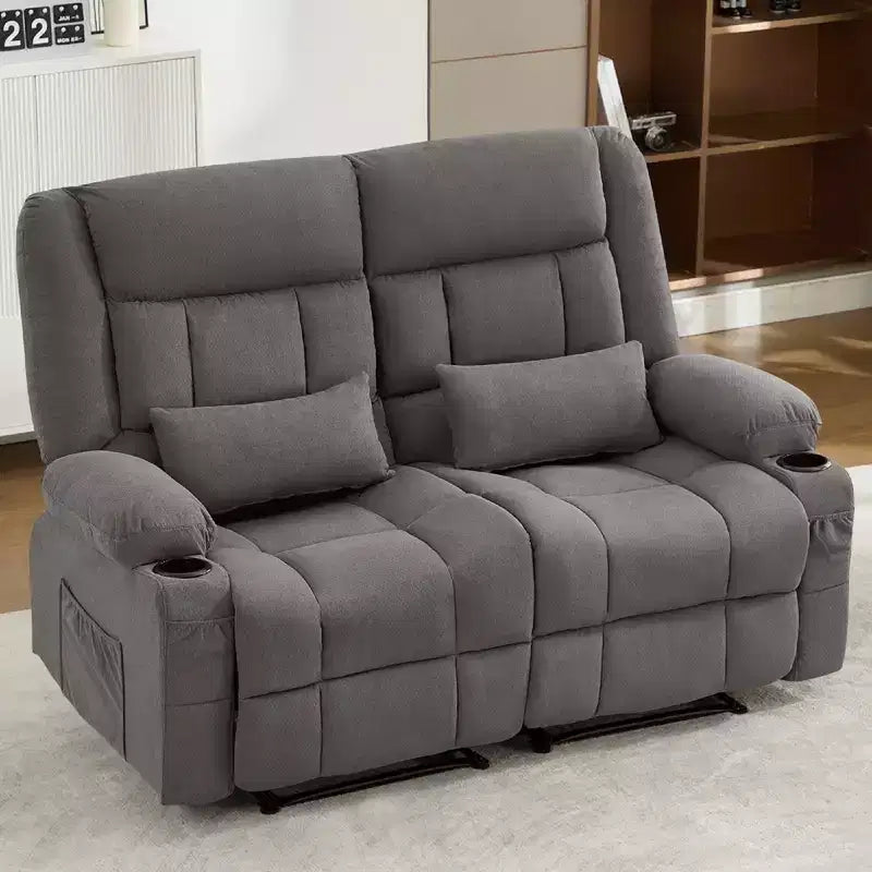 AndMakers 61.81 in. Wide Pillow Top Arm Fabric Rectangle Reclining Sofa with Cupholders