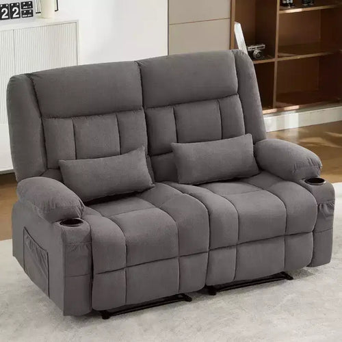 AndMakers 61.81 in. Wide Pillow Top Arm Fabric Rectangle Reclining Sofa with Cupholders