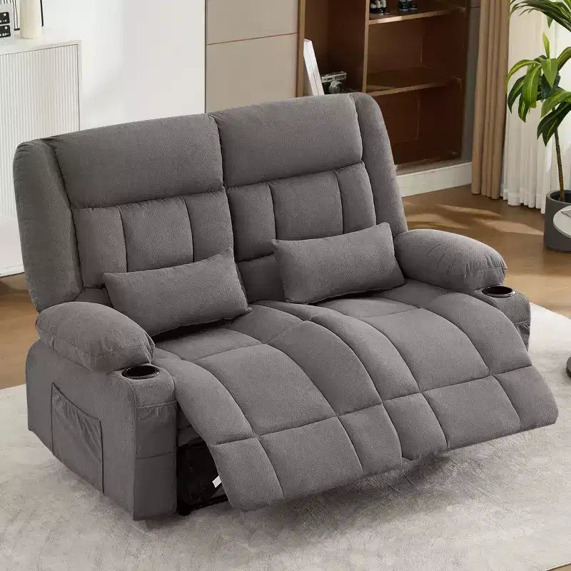 AndMakers 61.81 in. Wide Pillow Top Arm Fabric Rectangle Reclining Sofa with Cupholders