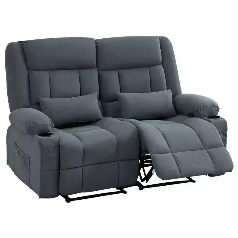 AndMakers 61.81 in. Wide Pillow Top Arm Fabric Rectangle Reclining Sofa with Cupholders