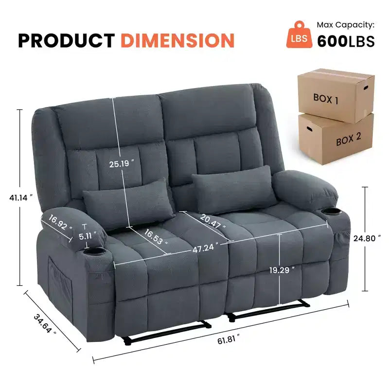 AndMakers 61.81 in. Wide Pillow Top Arm Fabric Rectangle Reclining Sofa with Cupholders