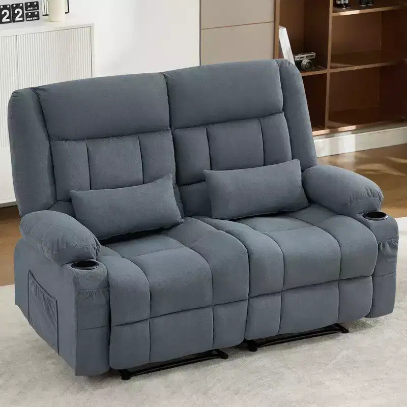 AndMakers 61.81 in. Wide Pillow Top Arm Fabric Rectangle Reclining Sofa with Cupholders