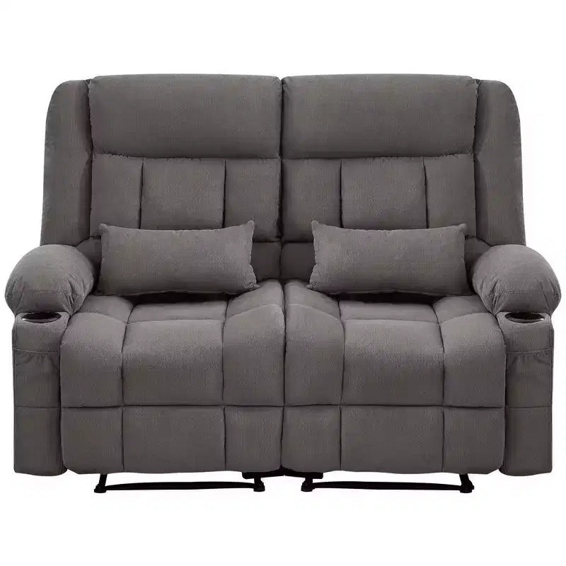 AndMakers 61.81 in. Wide Pillow Top Arm Fabric Rectangle Reclining Sofa with Cupholders