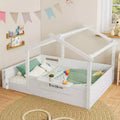 JVNOXK Full Size Floor Bed with Guardrails and Roof, Kids House Floor Bed with a Small Built-in Tray and Free-installed Signboard,White