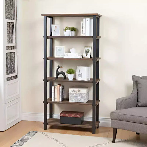 70" Pomona 5 Shelf Bookshelf Metal and Solid Wood Natural - Alaterre Furniture