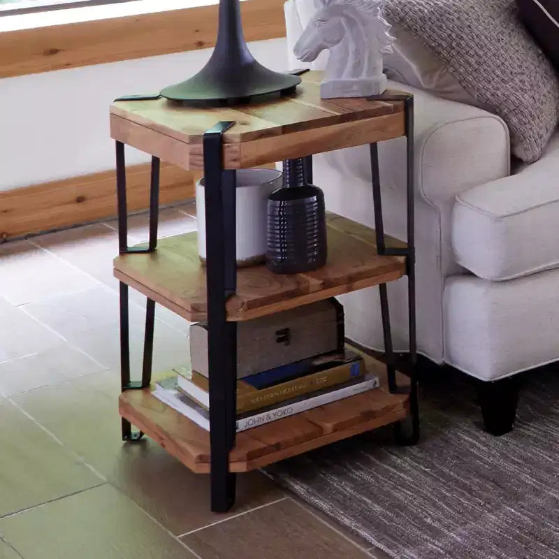 Alaterre Furniture 21" Ryegate Natural Brown Live Edge Solid Wood End Table: Metal Frame, Dual Shelves