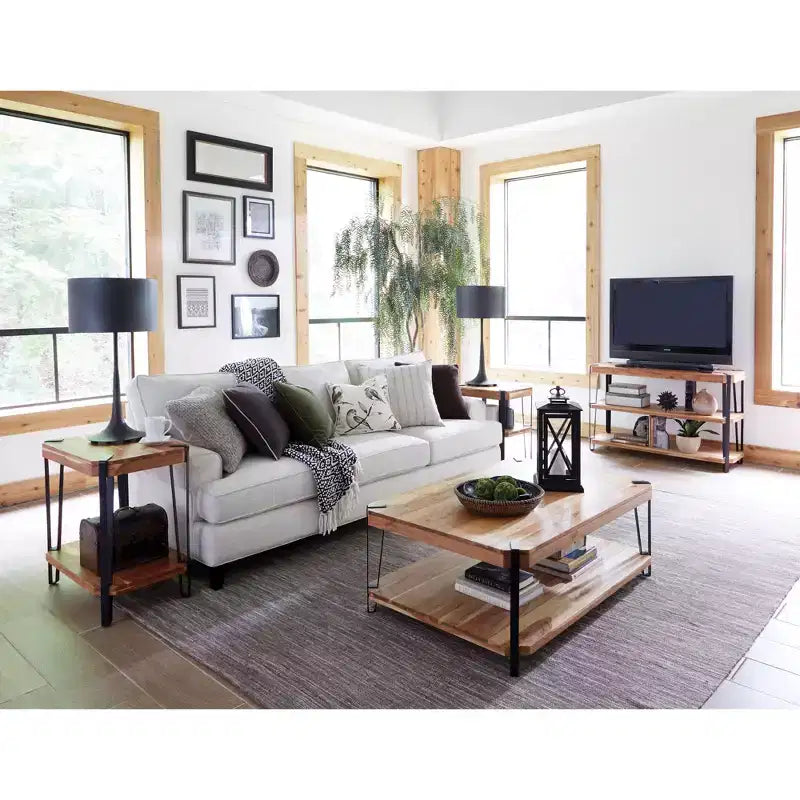 Alaterre Furniture 21" Ryegate Natural Brown Live Edge Solid Wood End Table: Metal Frame, Dual Shelves